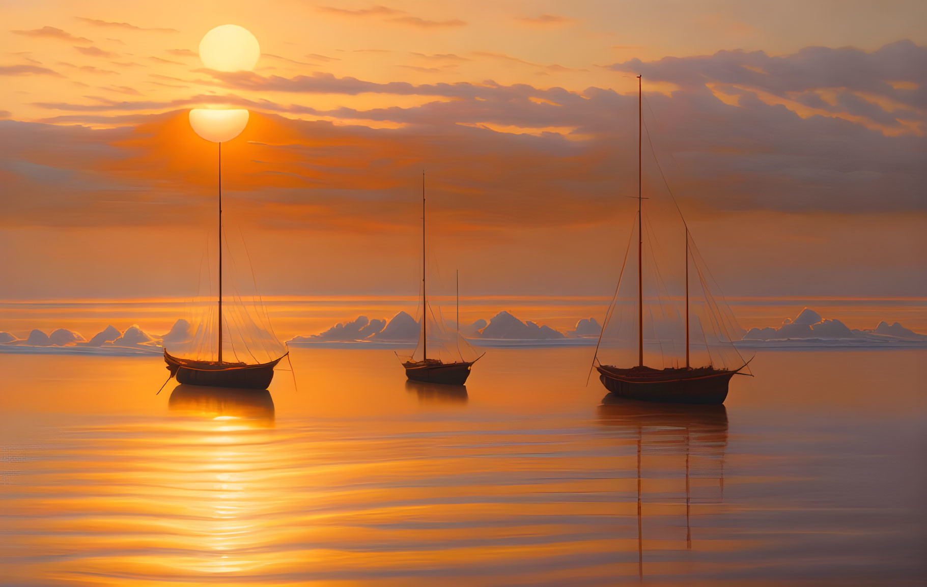 Sailboats on calm waters at golden sunset