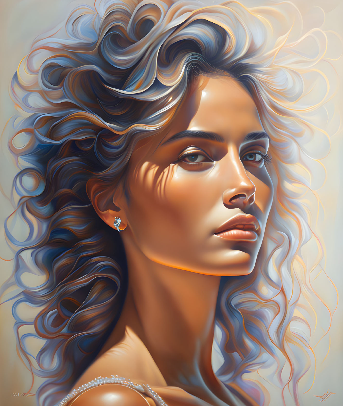 Voluminous curly hair woman digital painting with intense gaze