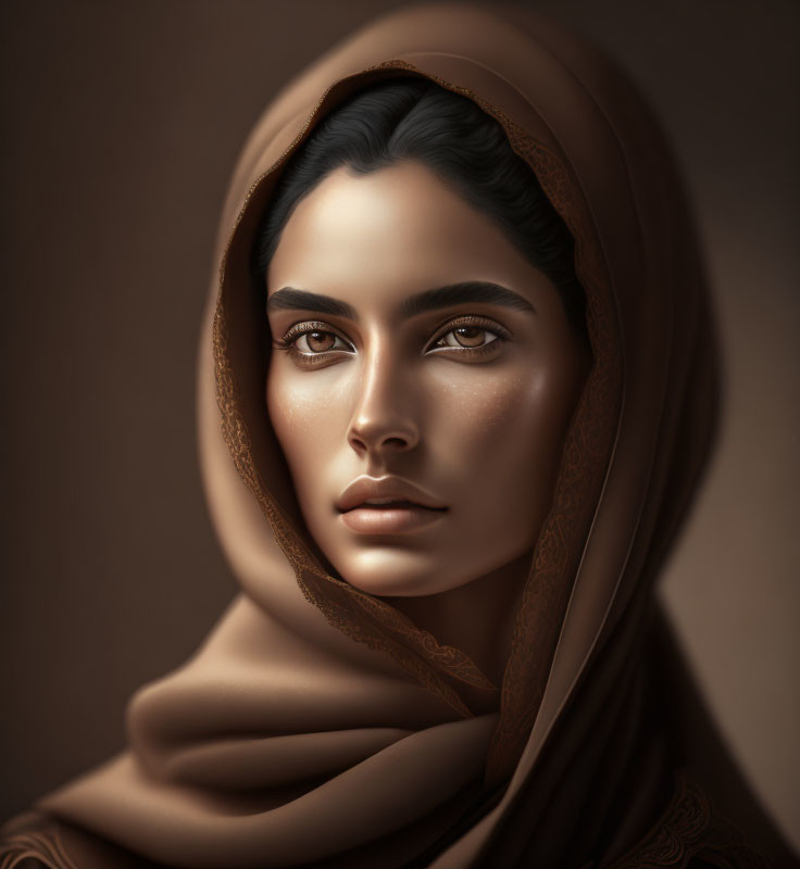 Woman with gentle gaze in brown headscarf on warm beige background