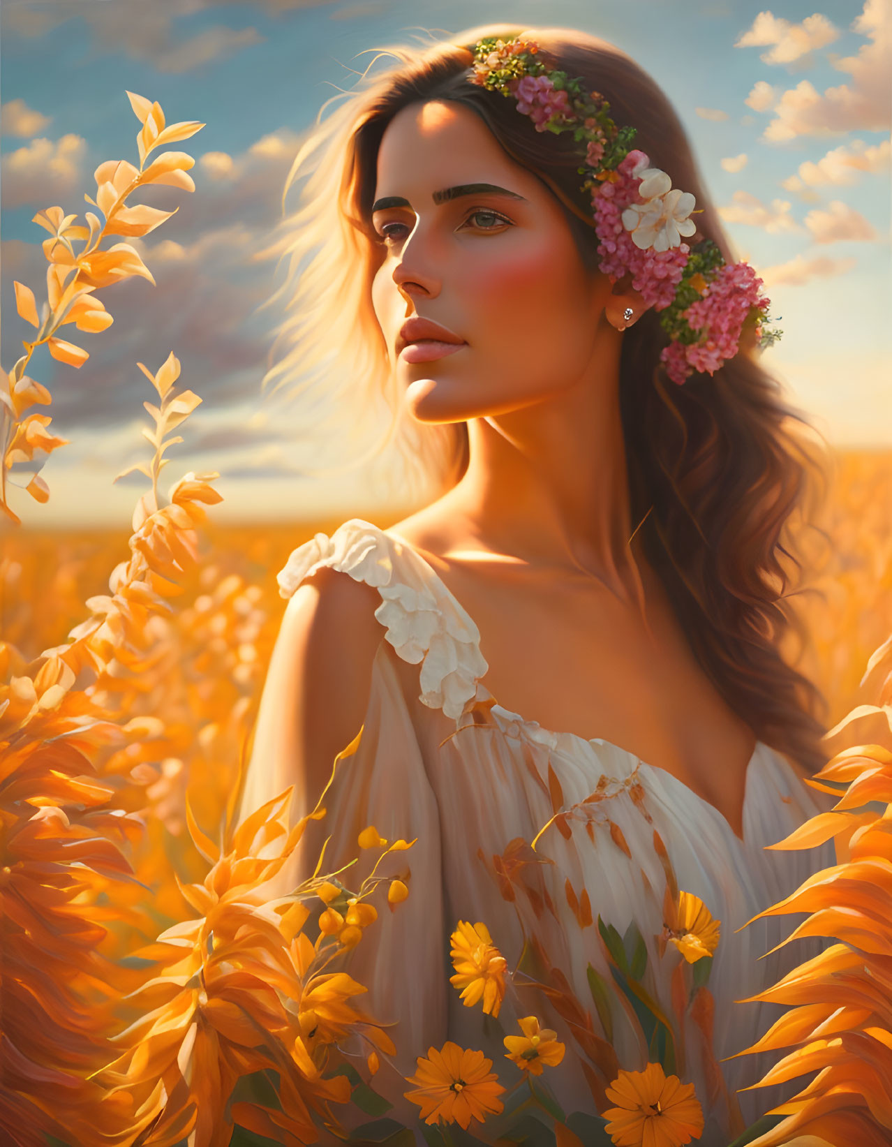 Woman with floral headpiece in golden wheat field at sunset