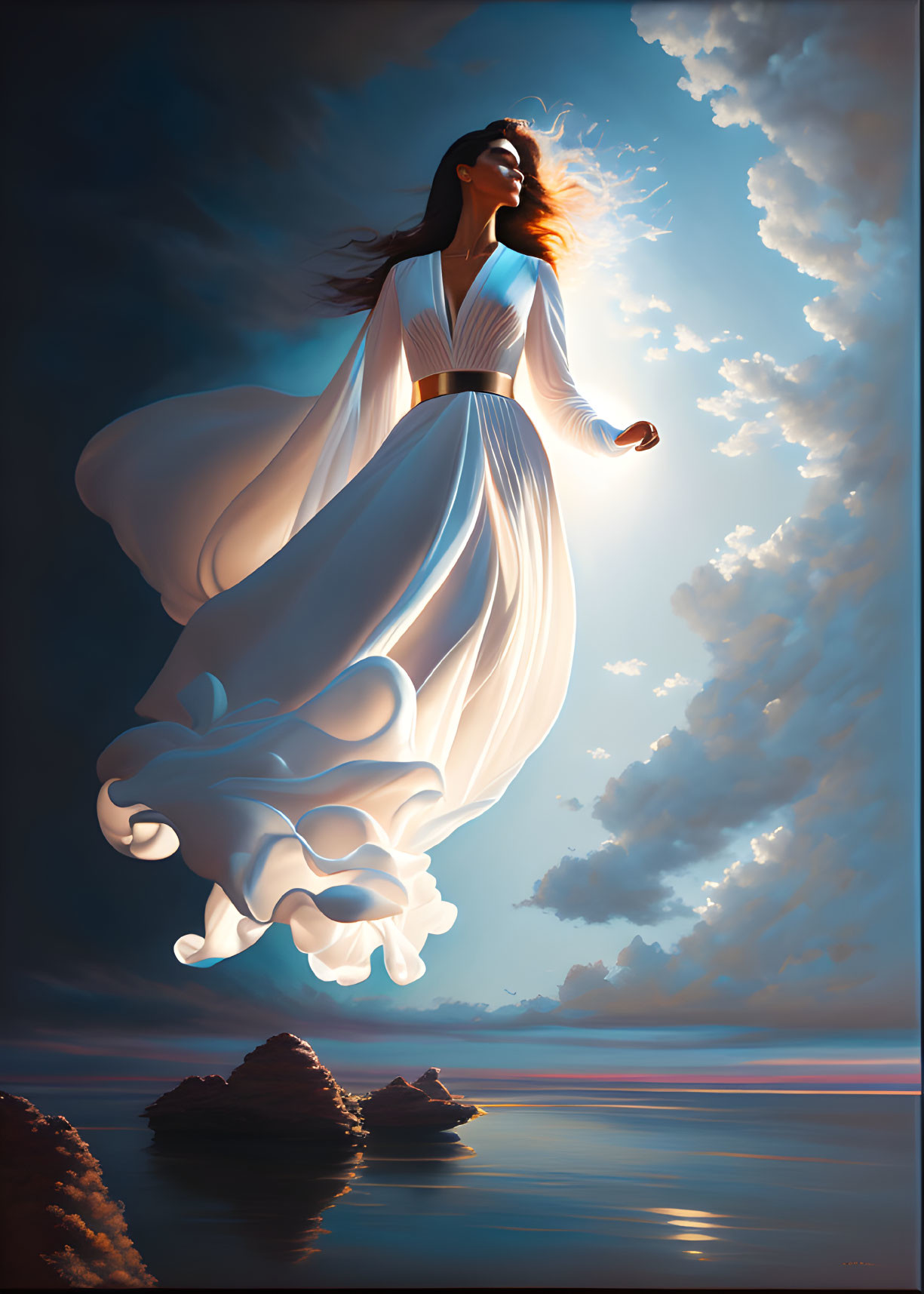 Woman in white dress levitates over ocean at sunset