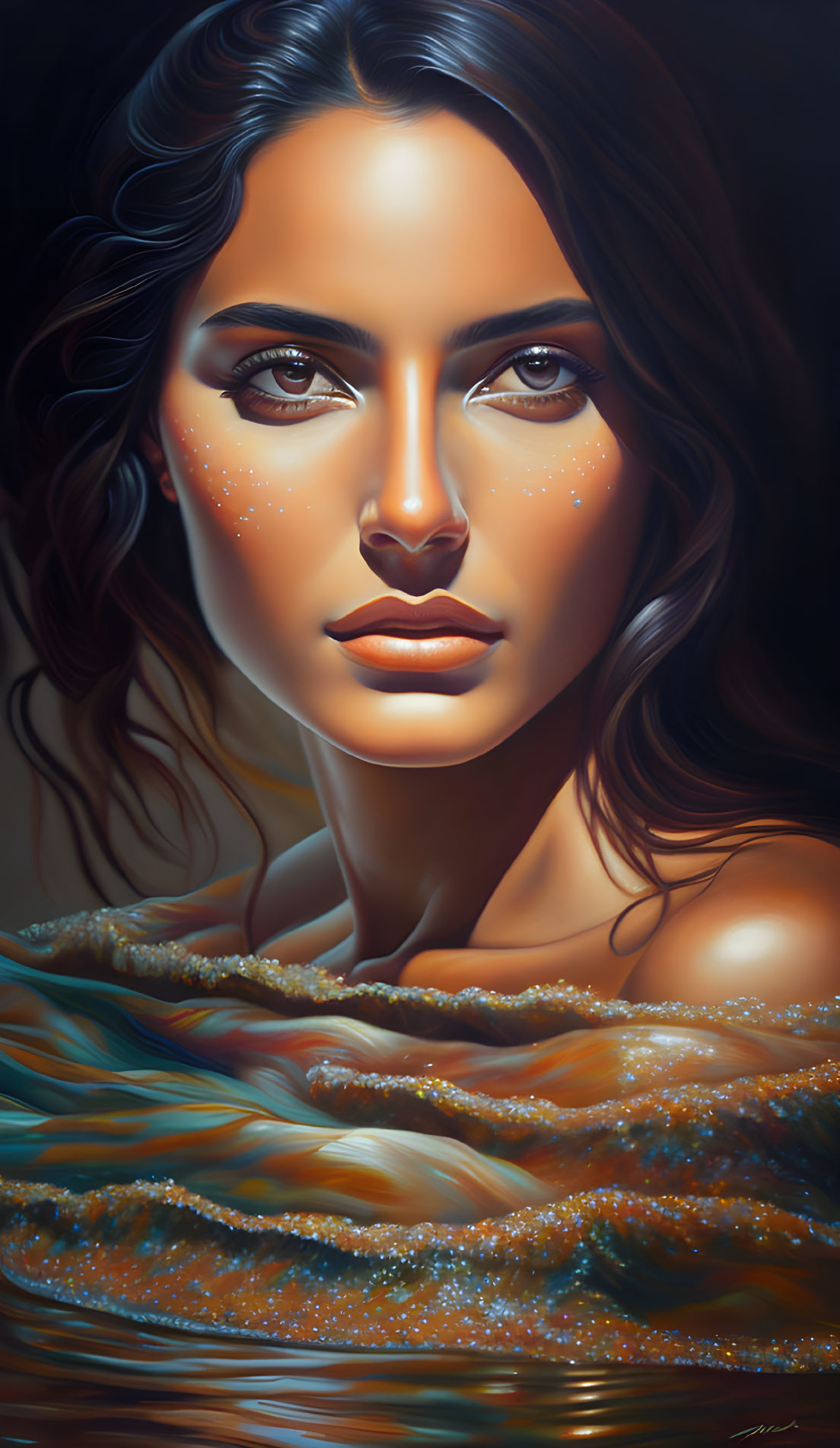 Woman with Long Brown Hair in Water: Digital Artwork