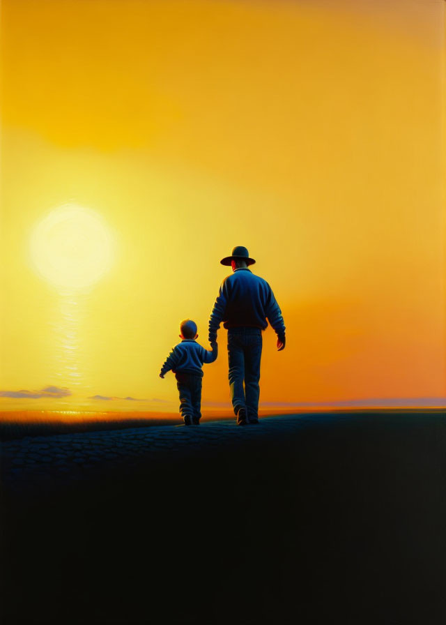 Adult and child in hats walking towards glowing sunset on open path