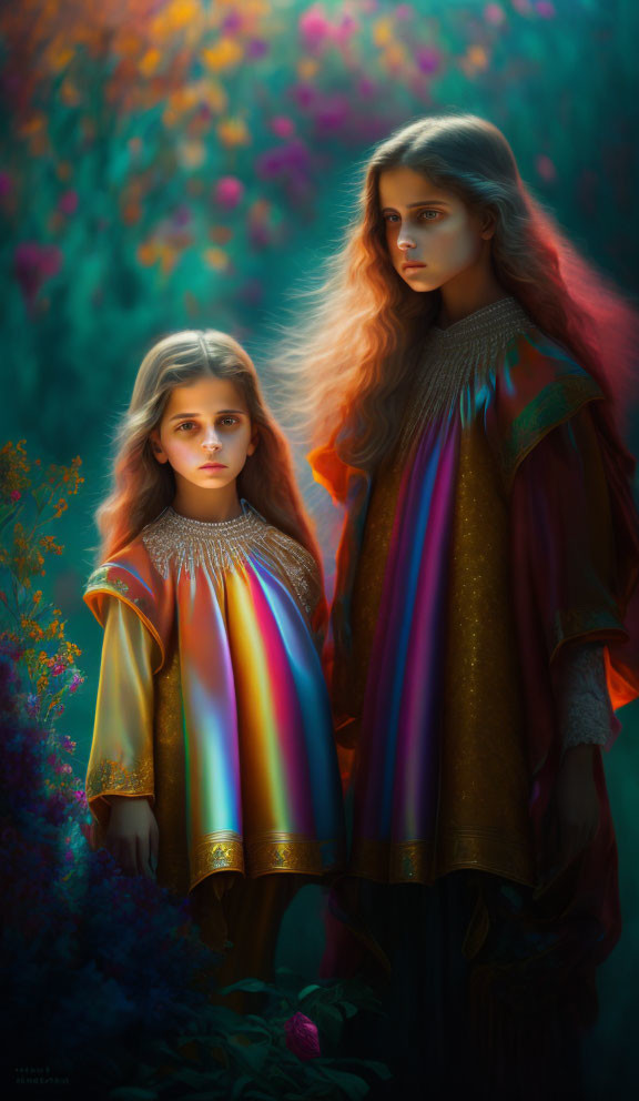 Fantasy-style Attired Individuals in Colorful Forest Setting