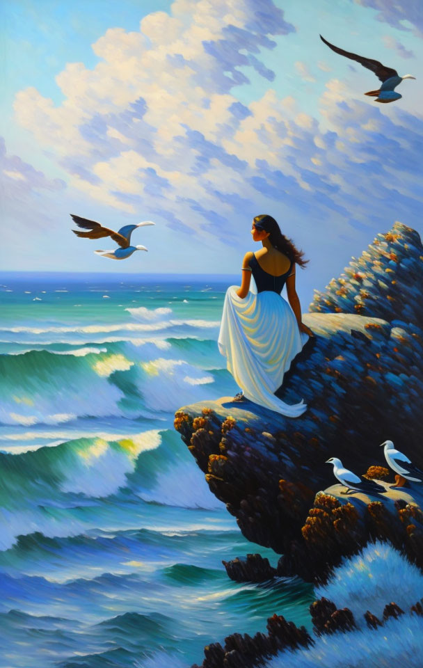 Woman in flowing dress on rocky cliff by the sea with seagulls and crashing waves