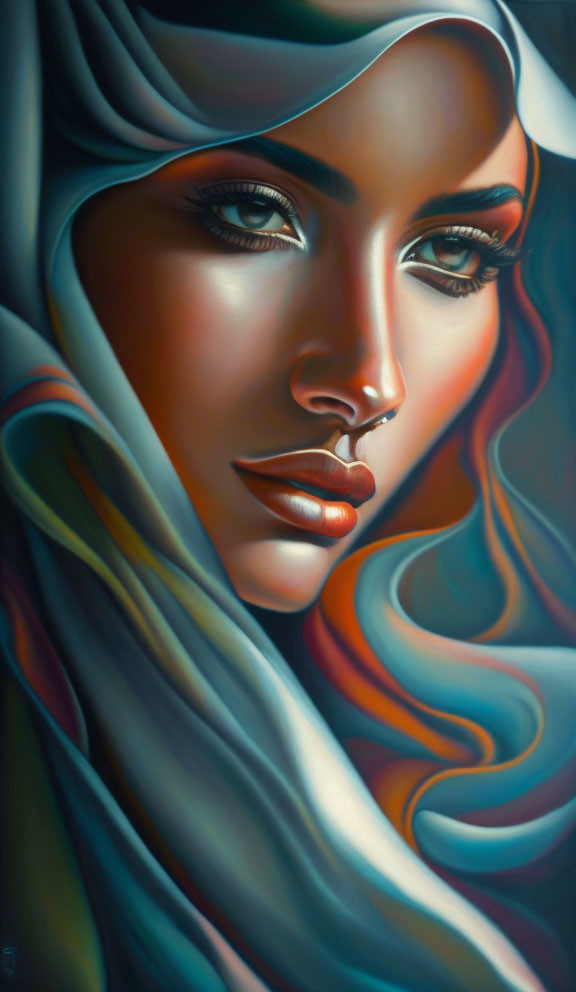 Colorful headscarf on woman with smooth skin and makeup in stylized portrait