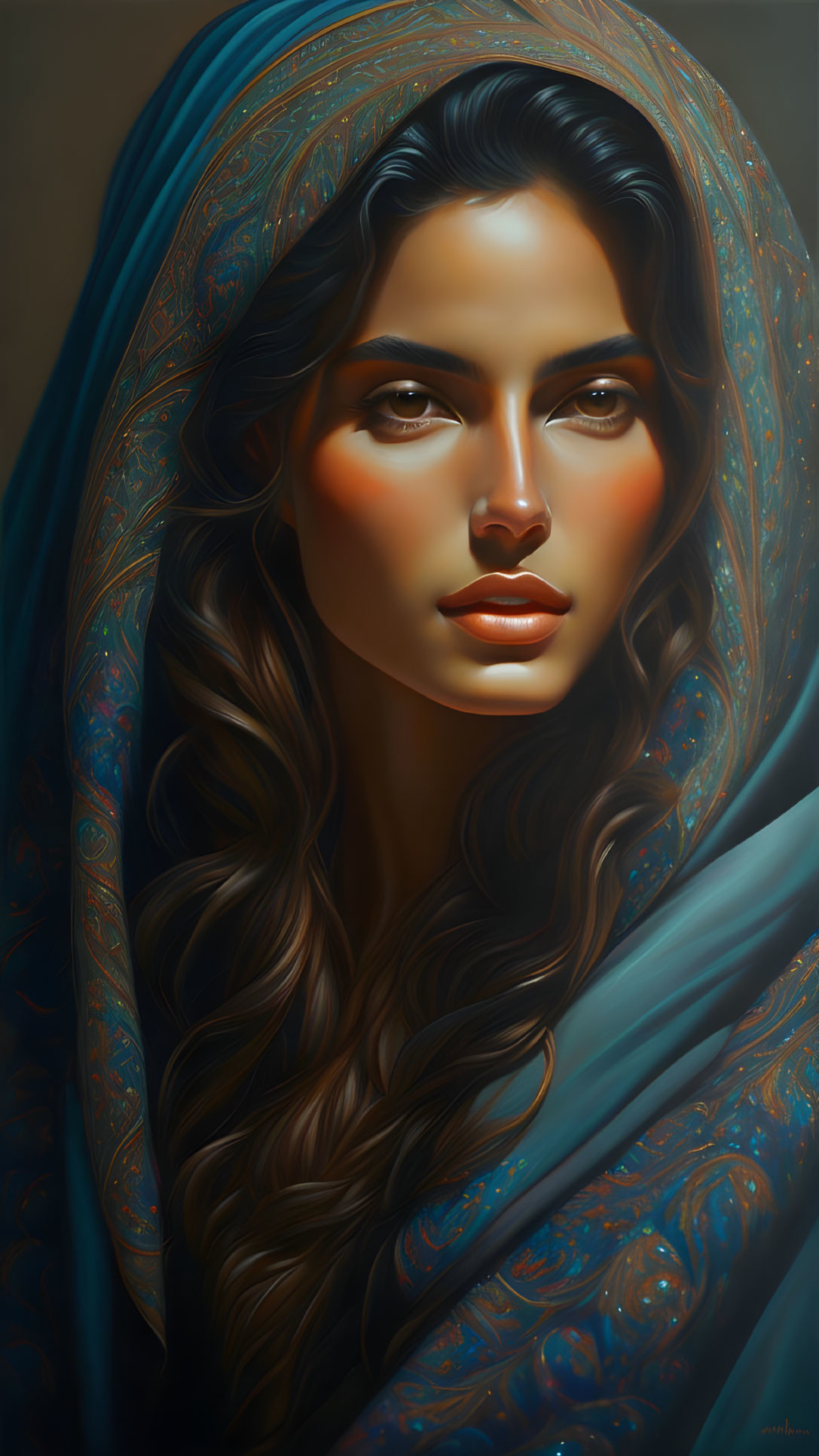 Brunette woman in blue shawl digital painting with warm lighting