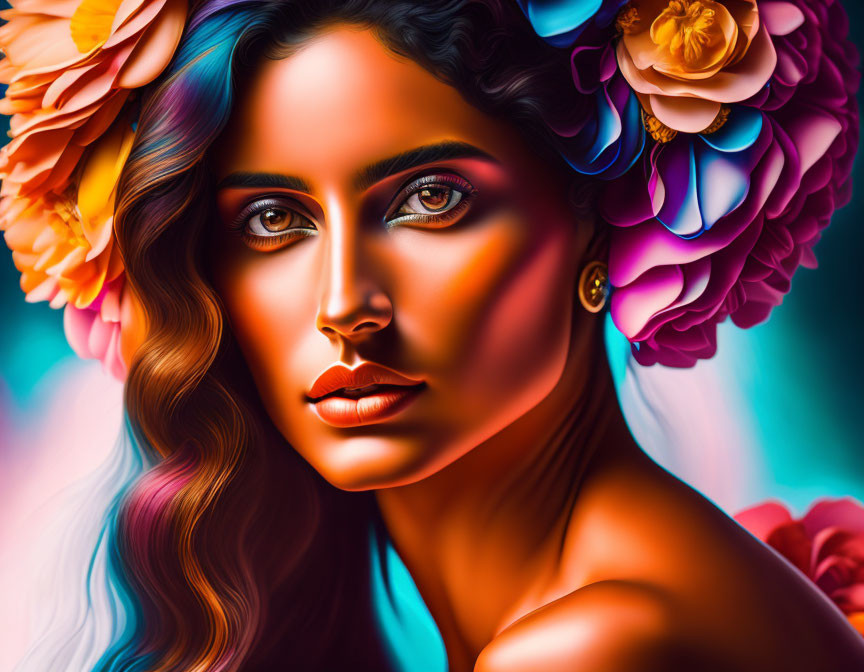 Colorful digital portrait of woman with floral hair adornments and dramatic lighting