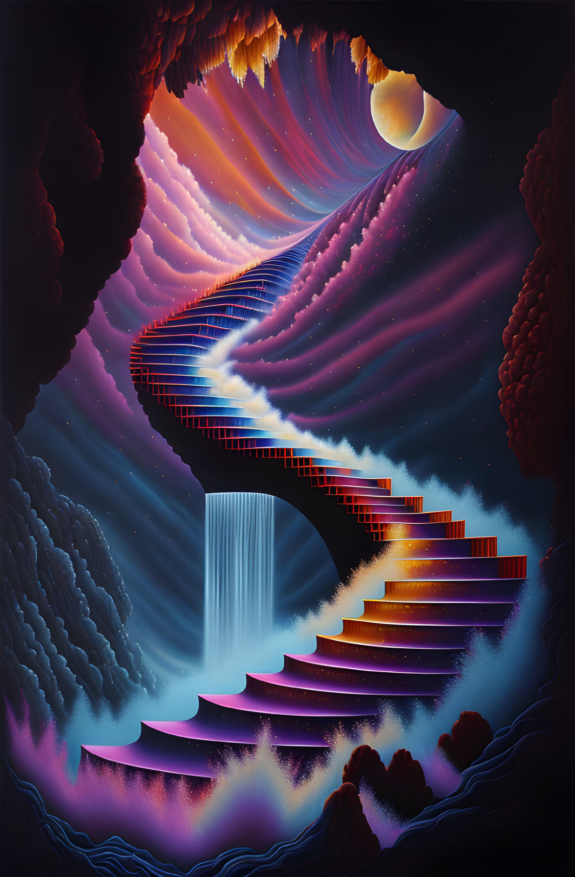 Surreal artwork: Staircase twisting in clouds under starry sky