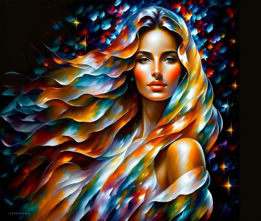 Colorful portrait of a woman with flowing multicolored hair on a starry backdrop