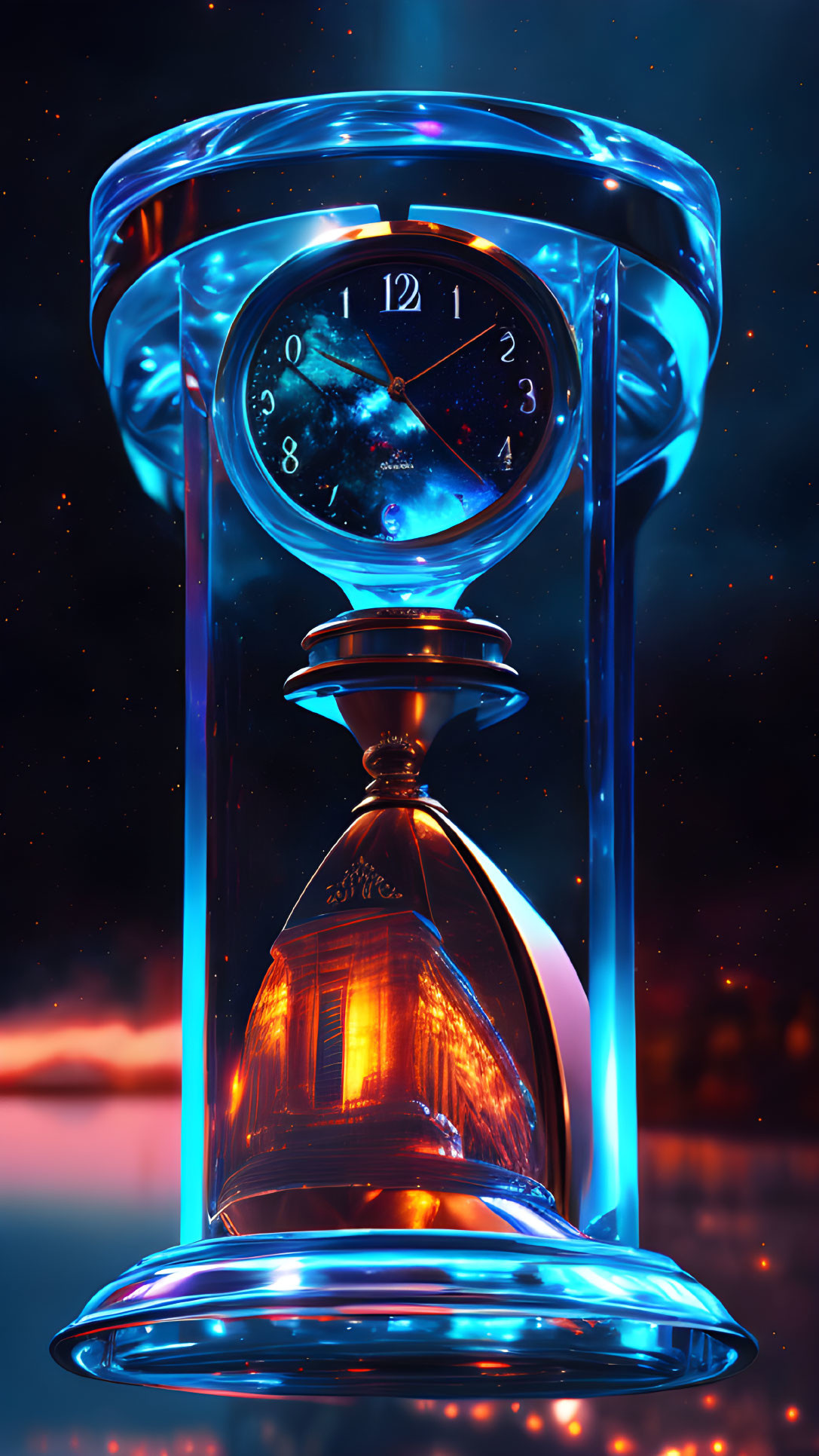 Cosmic-themed hourglass with starry sky background and clock element