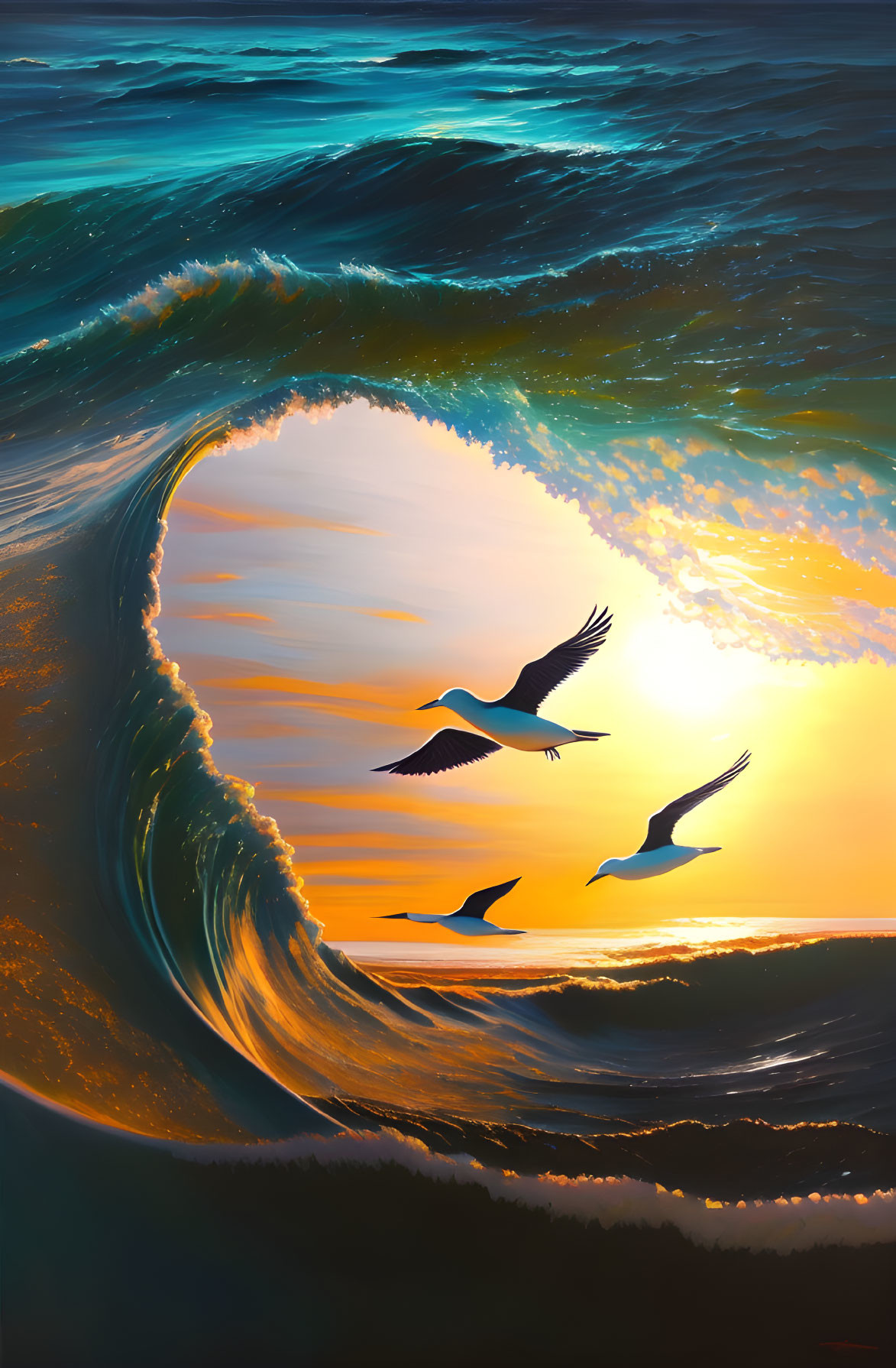 Ocean wave at sunset with flying birds in silhouette