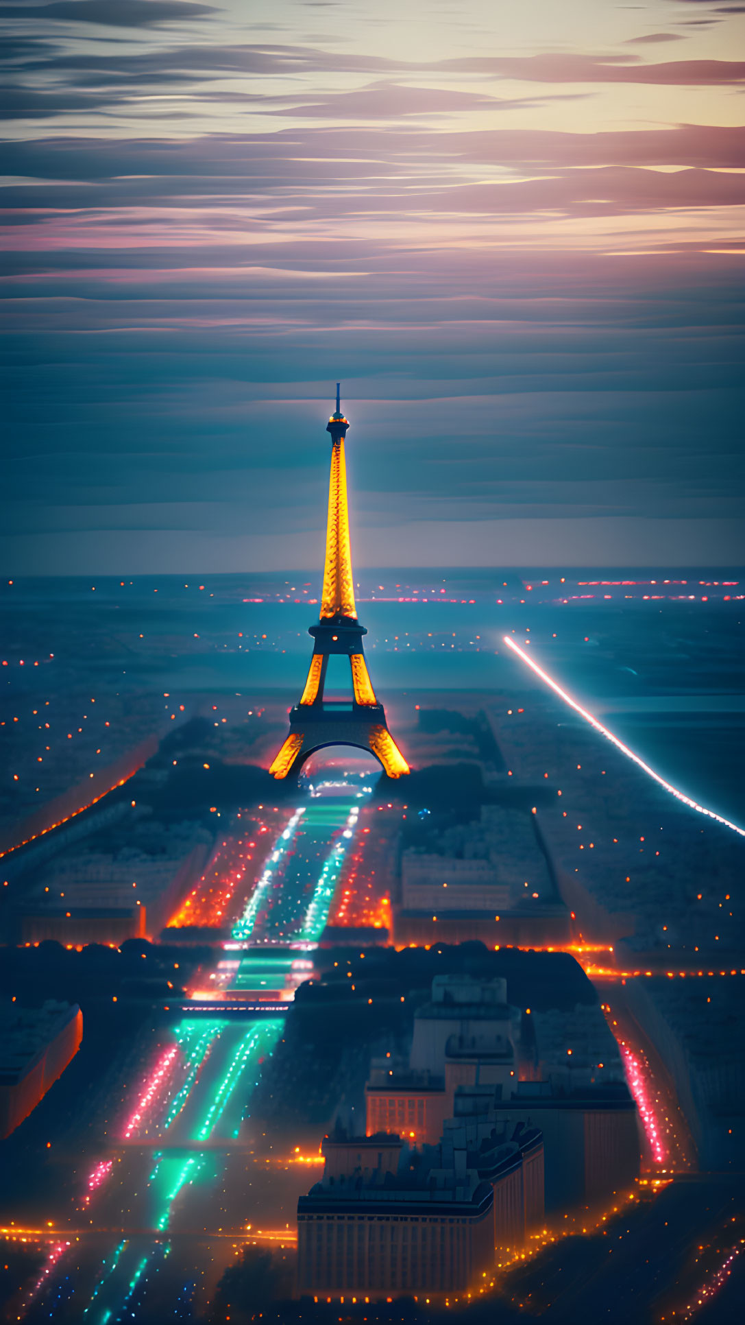 Iconic Eiffel Tower at Dusk with Glowing City Streets