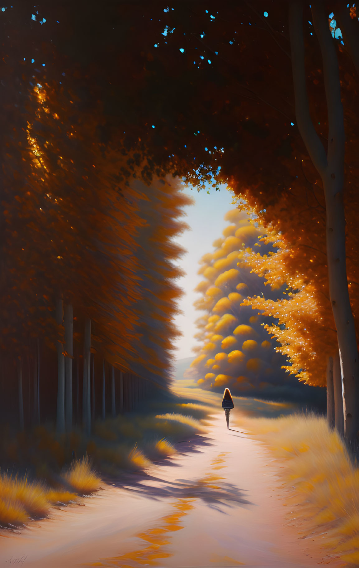 Autumn scene: solitary figure walking along sunlit path flanked by tall golden trees