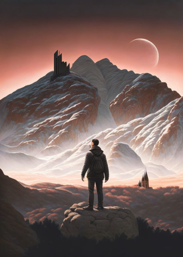 Person overlooking snow-covered mountains with crescent moon and ruins.