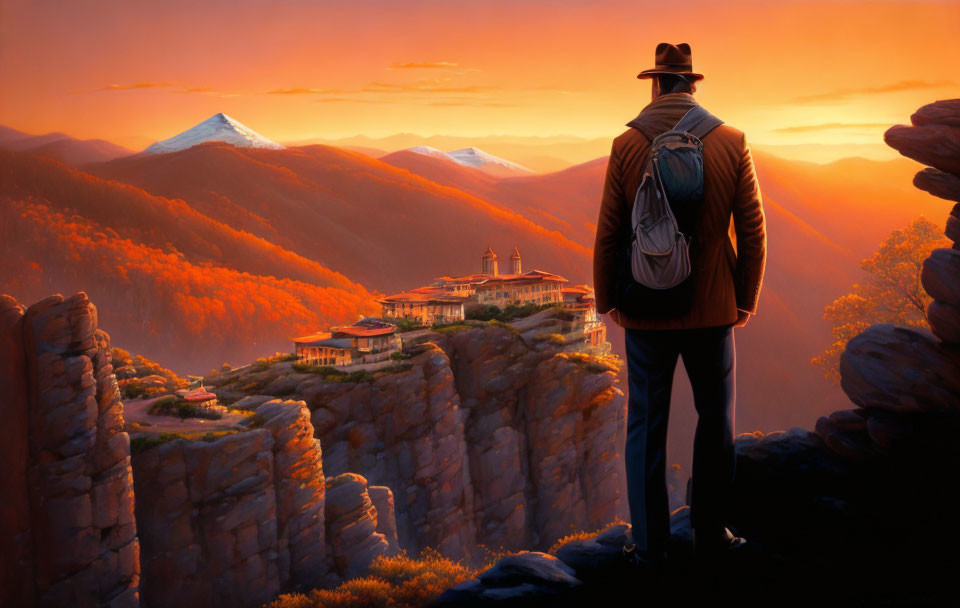 Person in Hat and Backpack on Cliff Overlooking Mountainous Landscape at Sunset