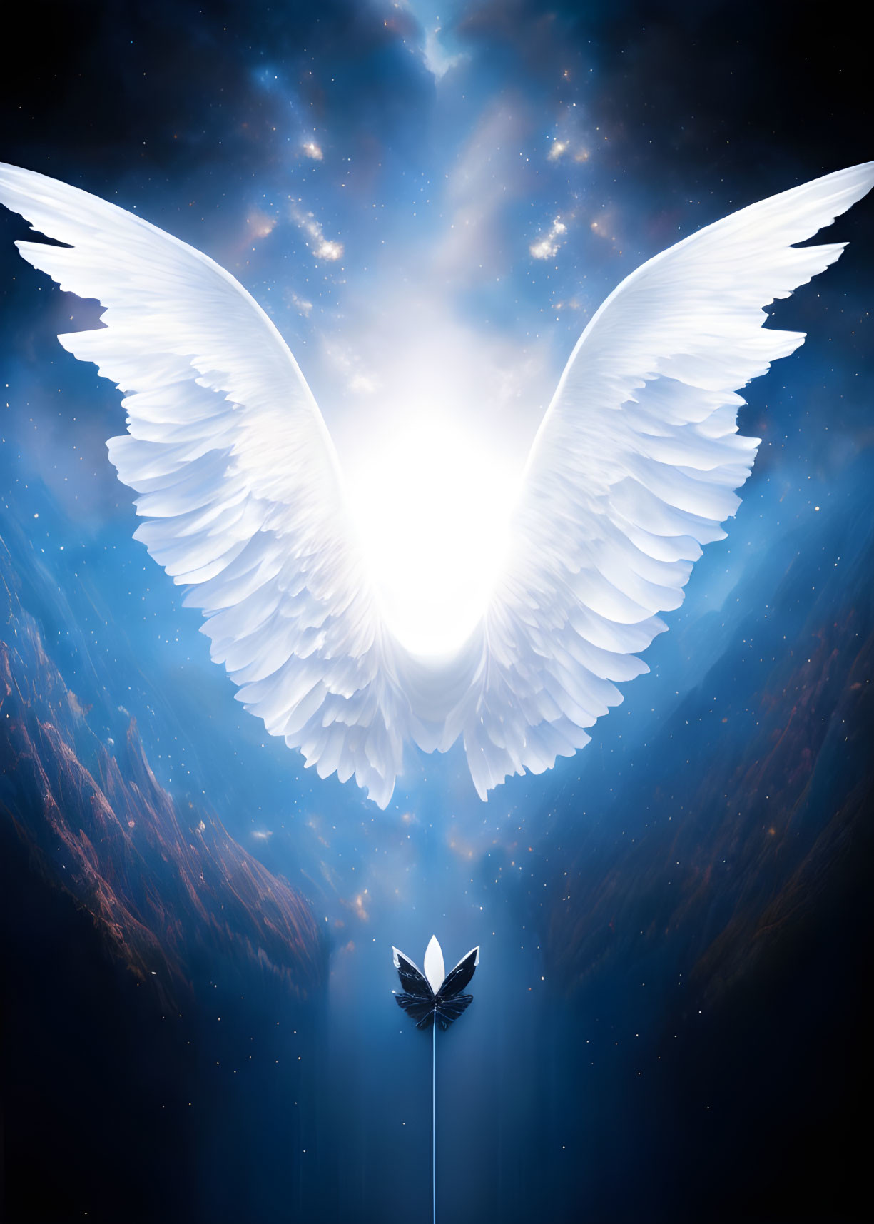 Large Radiant White Wings Unfurl Against Cosmic Backdrop