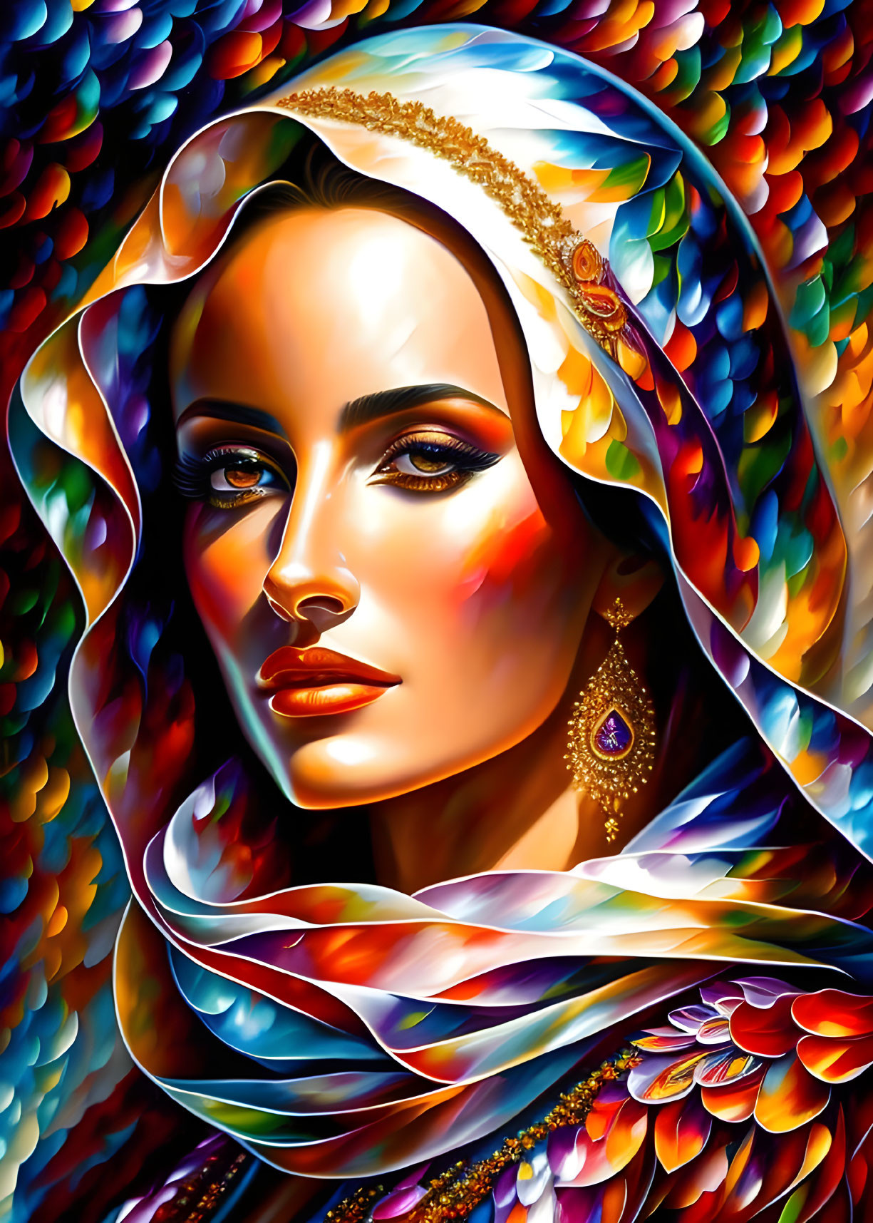 Colorful digital artwork of a woman with luminous skin and vibrant scarf