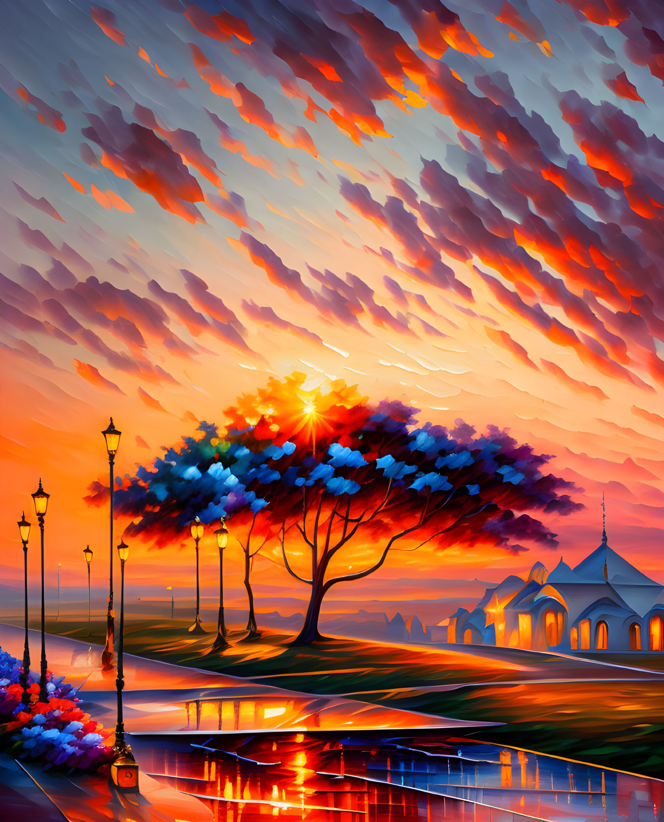 Colorful sunset scene with tree, street lamps, gazebo, and reflections.