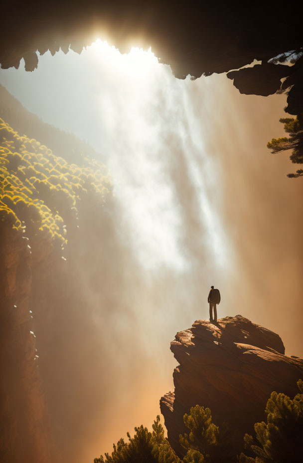 Solitary figure on rocky outcrop in misty forest canyon