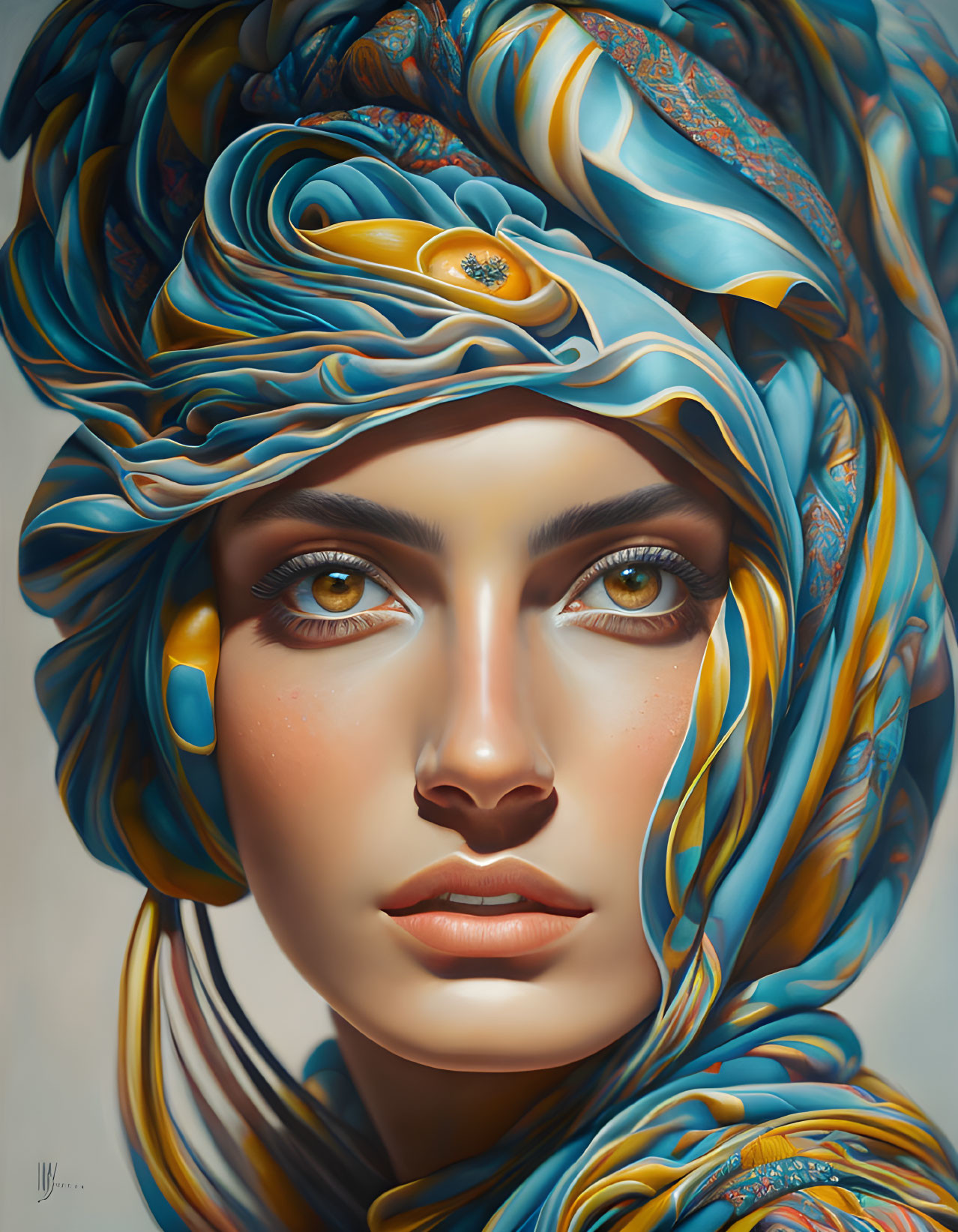 Detailed Portrait of Woman in Blue and Gold Headscarf with Floral Patterns