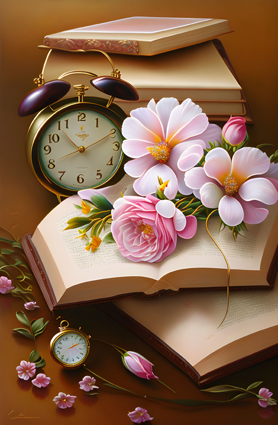 Book with Flowers, Pocket Watch, Clock, and Books on Brown Background