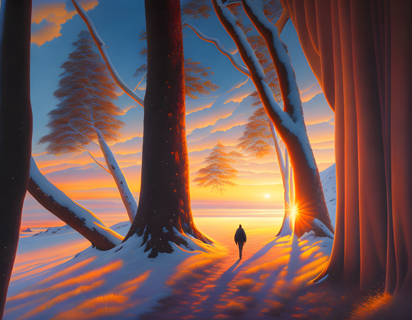 Solitary figure in snow-covered landscape at sunset