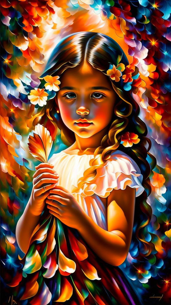 Colorful painting of young girl with feathers and flowers in vibrant setting