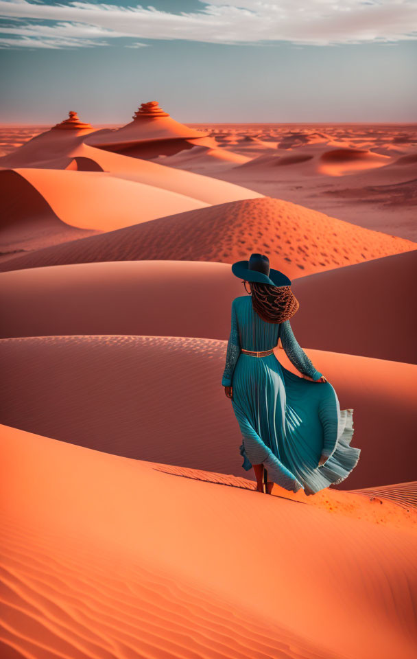 Person in flowing blue dress and wide-brimmed hat in orange sand dunes at sunset