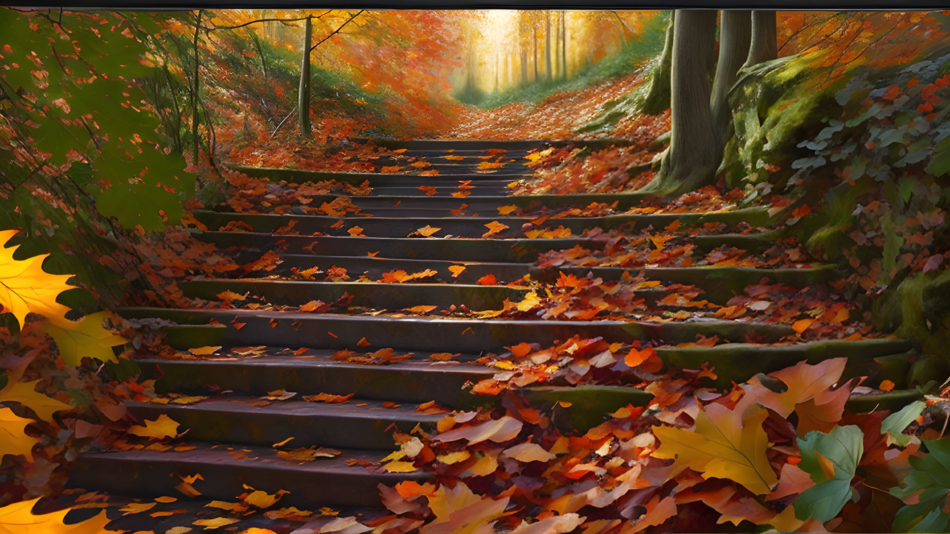 Tranquil autumn forest staircase in warm sunlight