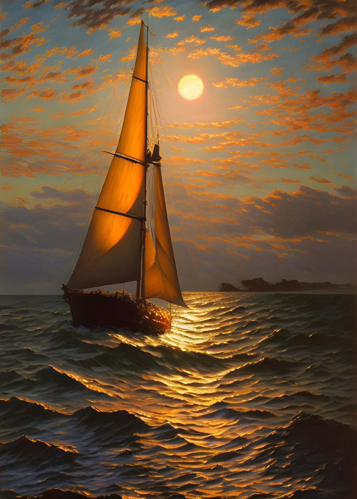 Sailboat on sea at sunset with golden light and pink clouds