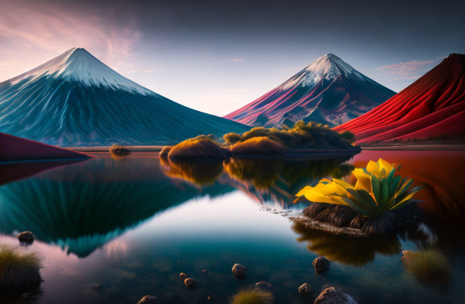 Snowy peaks reflected in serene lake with vibrant mountains, yellow flowers, and tranquil dusk sky.