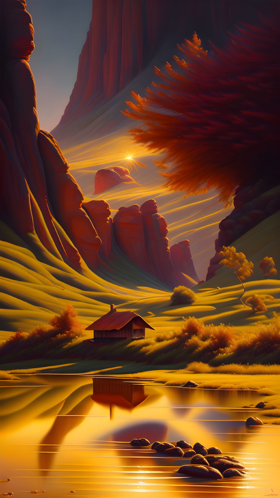 Tranquil landscape: golden cliffs, lakeside cabin, sun flare, reflective waters