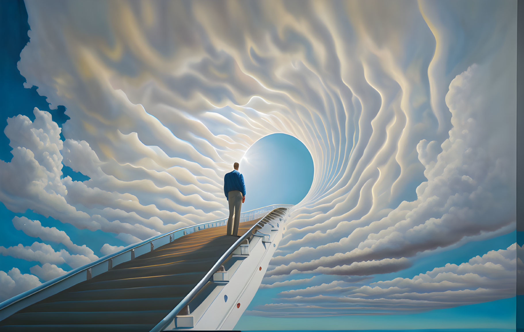 Person on bridge in surreal cloudscape with swirling patterns and circular portal.