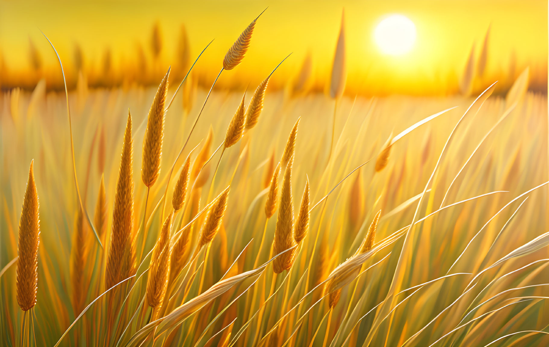 Ripe golden wheat field at sunset