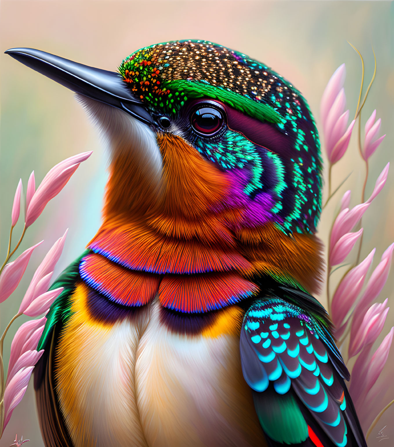 Colorful bird with green head, blue eye, and orange throat in pink flora