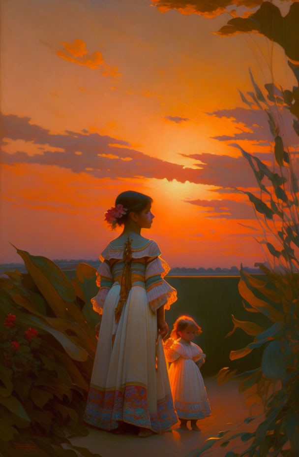 Woman and child in traditional dresses admire vibrant sunset in lush setting