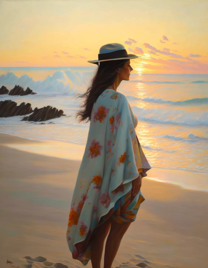 Woman in Floral Kimono and Hat on Beach at Sunset