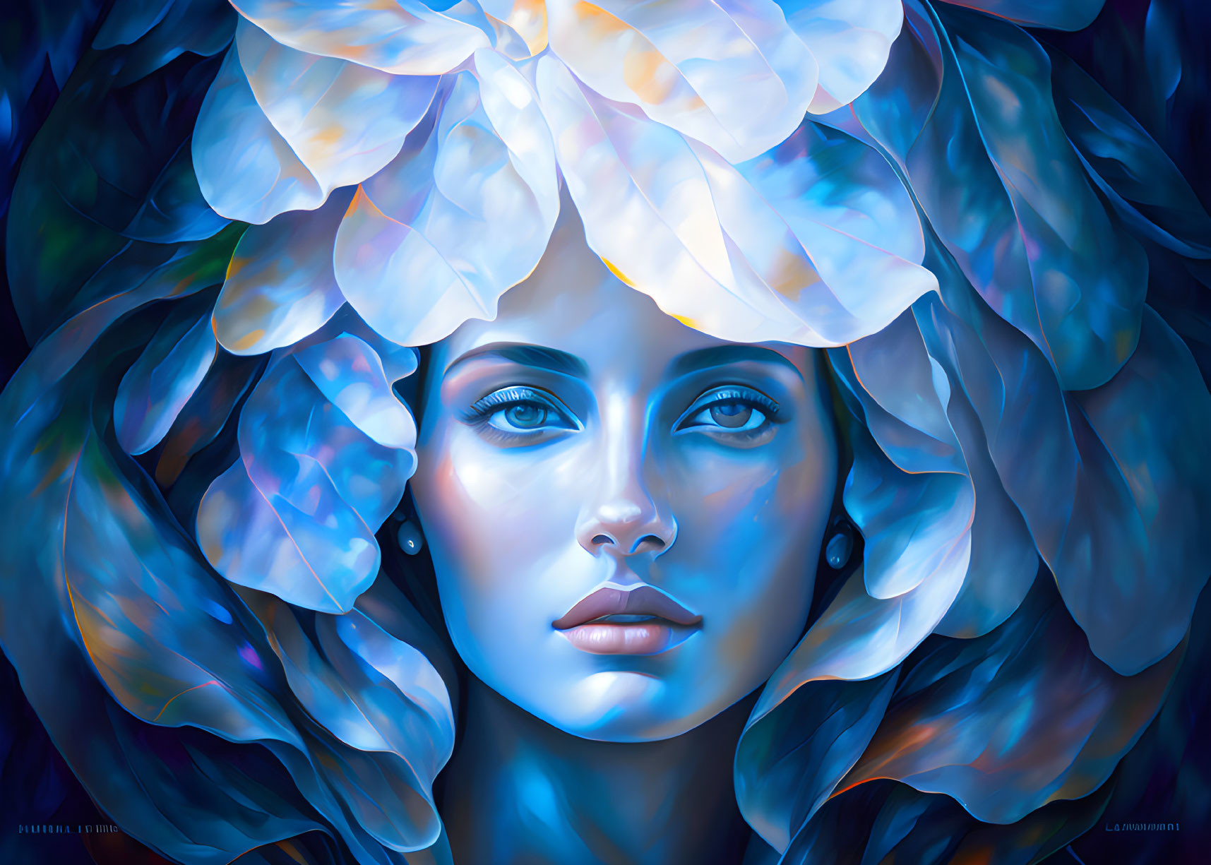 Digital artwork: Woman with blue luminous skin and eyes, adorned with iridescent floral petals.