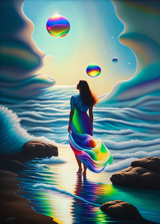 Colorful Dress Woman Admiring Iridescent Bubbles on Beach