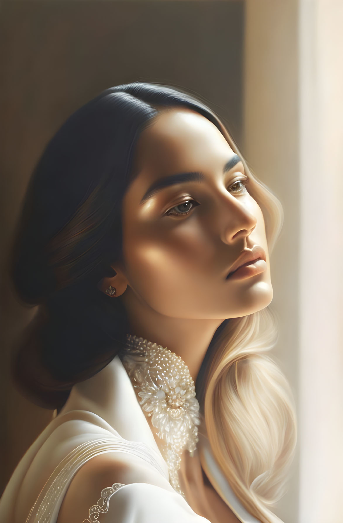 Ethereal woman portrait with beaded necklace and white garment