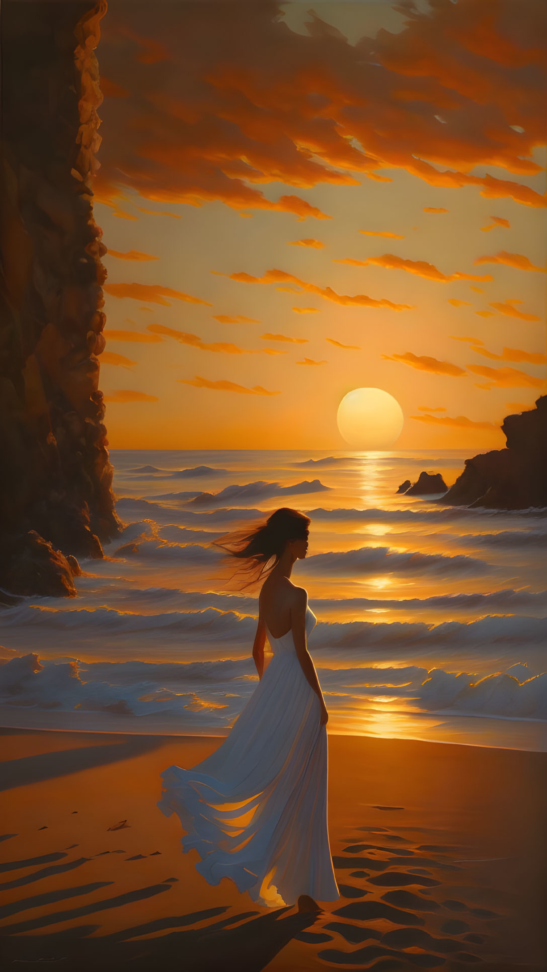 Woman in white dress on beach at sunset with flowing hair and orange-tinted sky