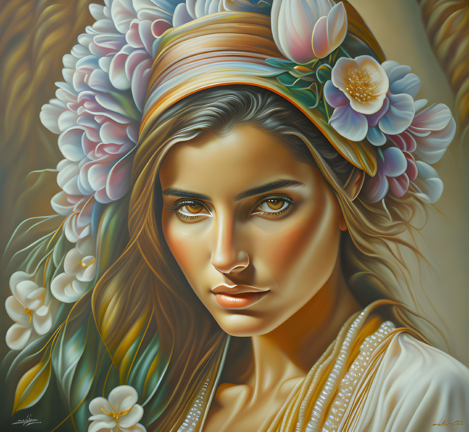 Woman with Floral Headpiece: Serene Expression, Warm Tones, Intricate Details