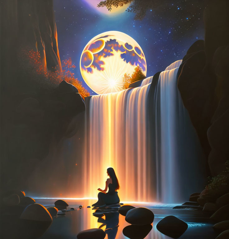 Nighttime scene with person by tranquil waterfall under full moon