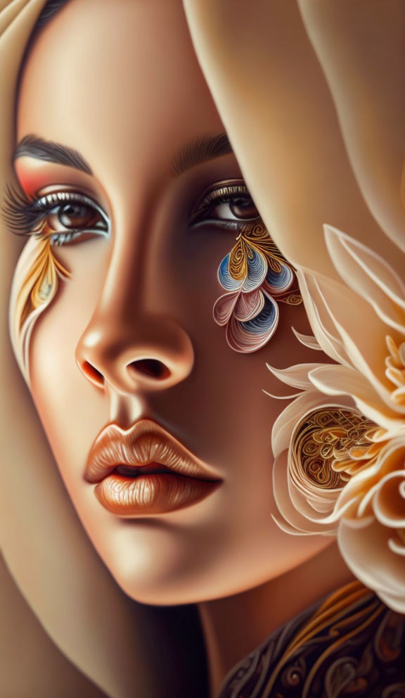 Detailed makeup and floral patterns on woman's face in warm tones