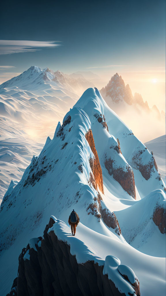 Snowy mountain ridge with majestic peaks and lone hiker under warm sunlight