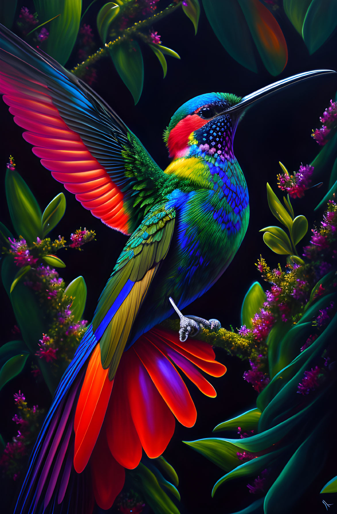 Colorful hummingbird in flight among vibrant flowers.