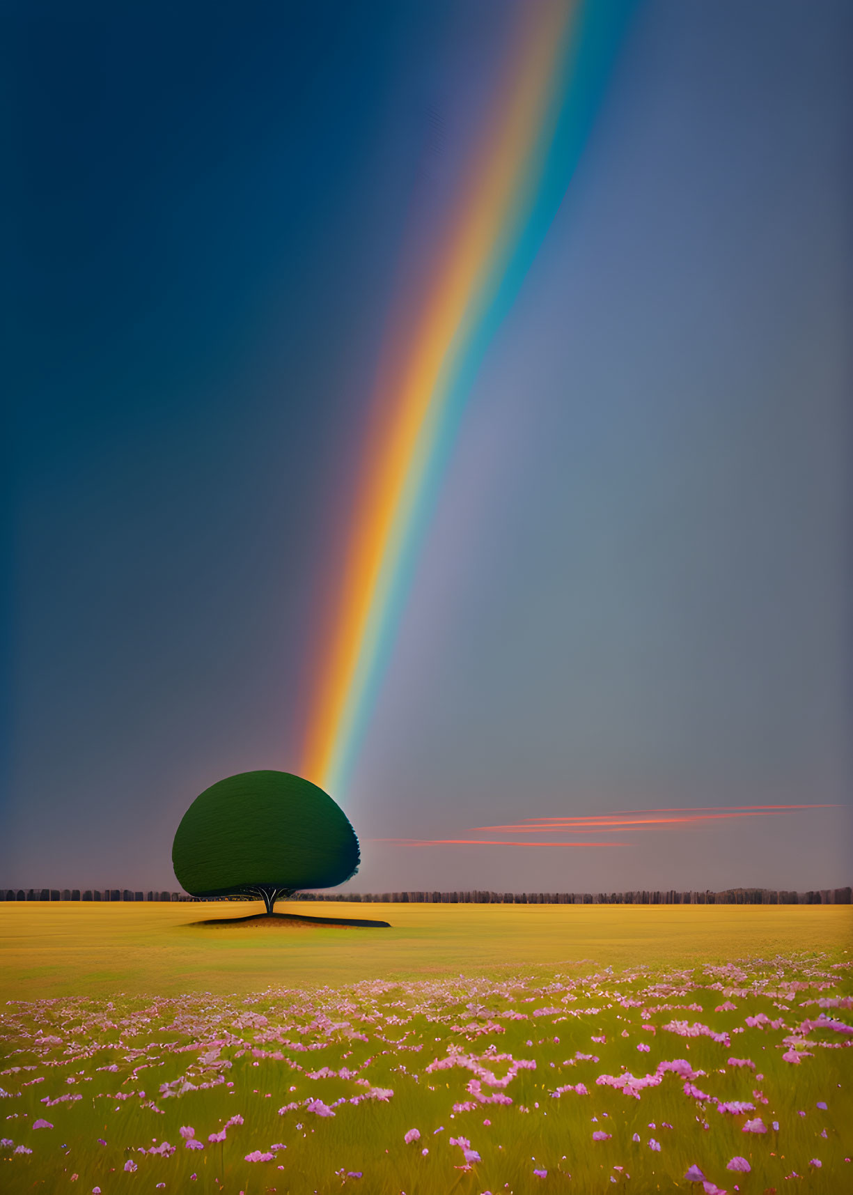 Colorful rainbow over lone tree in field of flowers