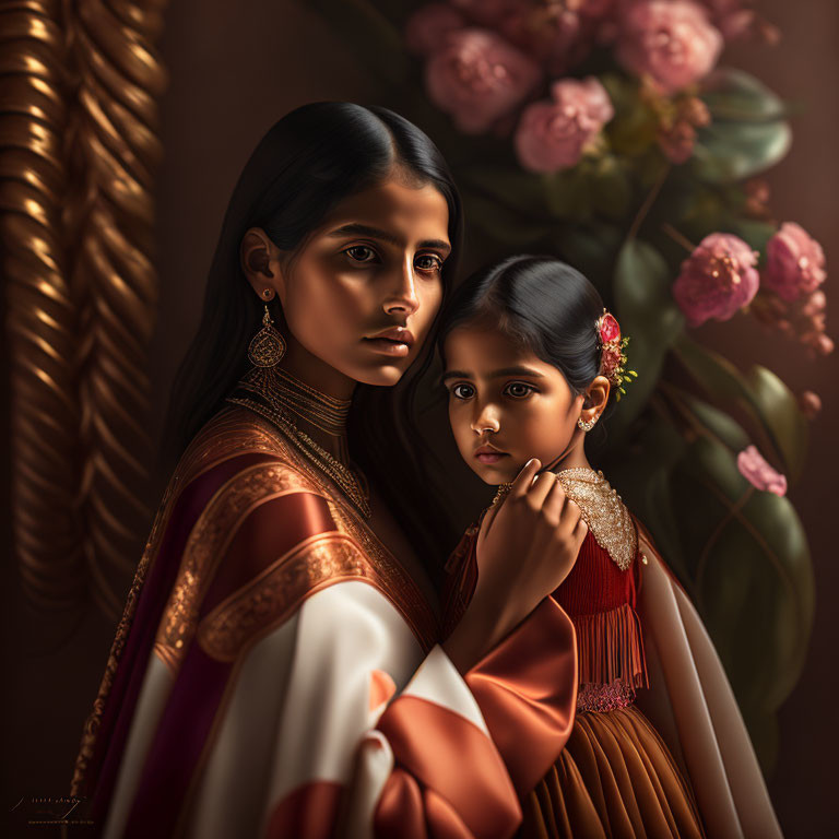 Traditional Indian Attire Portrait of Woman and Girl with Intricate Jewelry