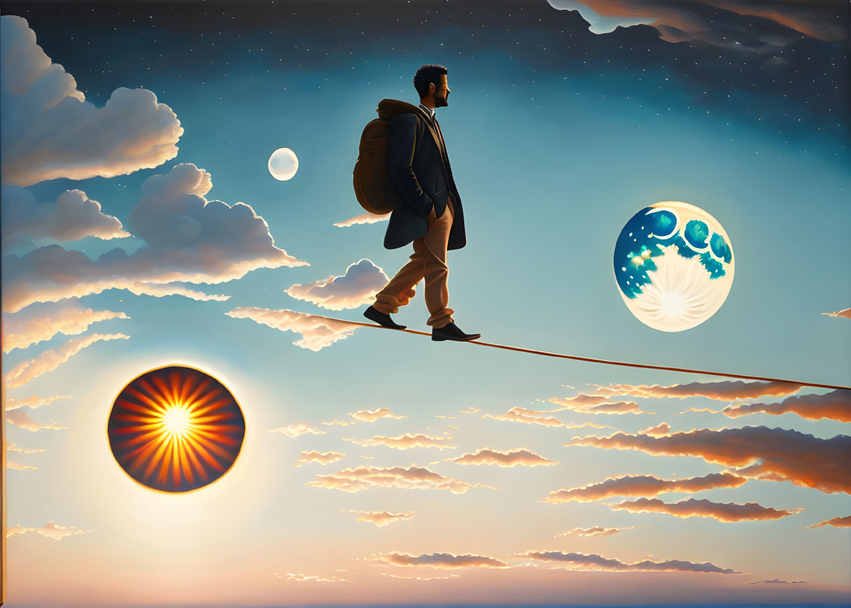 Person balancing on tightrope between clouds with Earth, moon, and star backdrop.